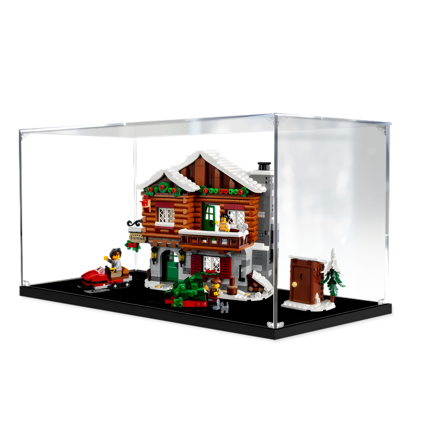 LEGO® Alpine Lodge 10325 set displayed in a clear acrylic box with a Christmas theme.
