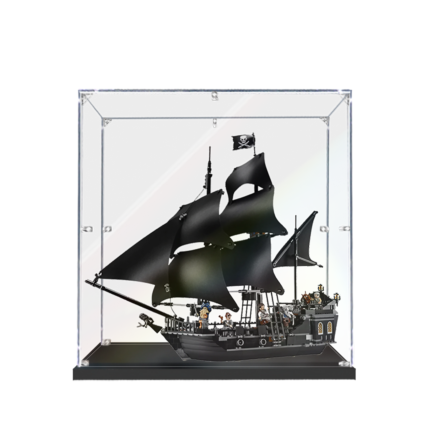 A clear acrylic display case showcasing a LEGO Pirates of the Caribbean: The Black Pearl 4184 set.