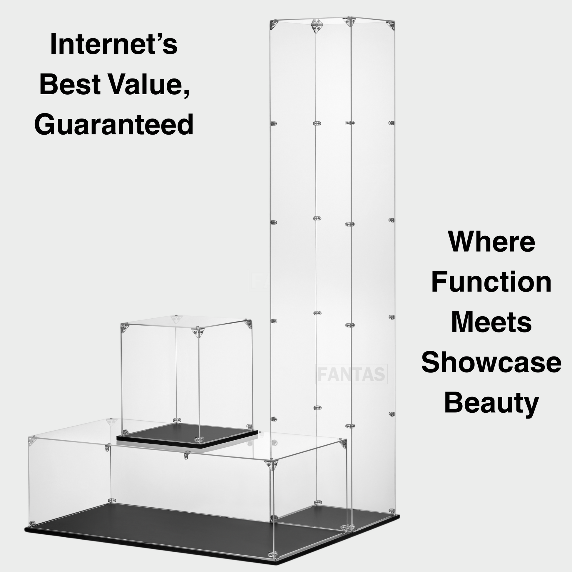 a set of three clear acrylic stands with black bases