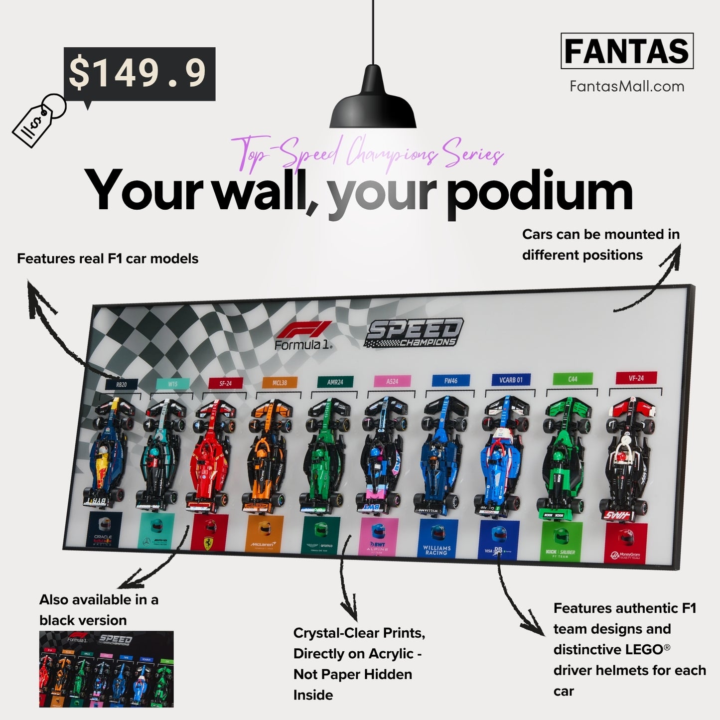 Acrylic Top-Speed Wall Mount Frame/Display for LEGO® F1 Speed Champions Race Car