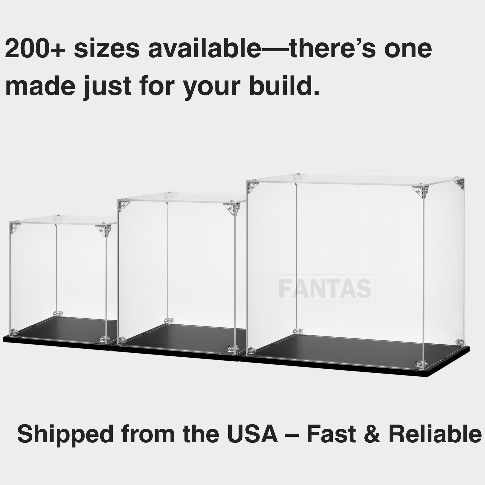 three clear acrylic cases with black shelves