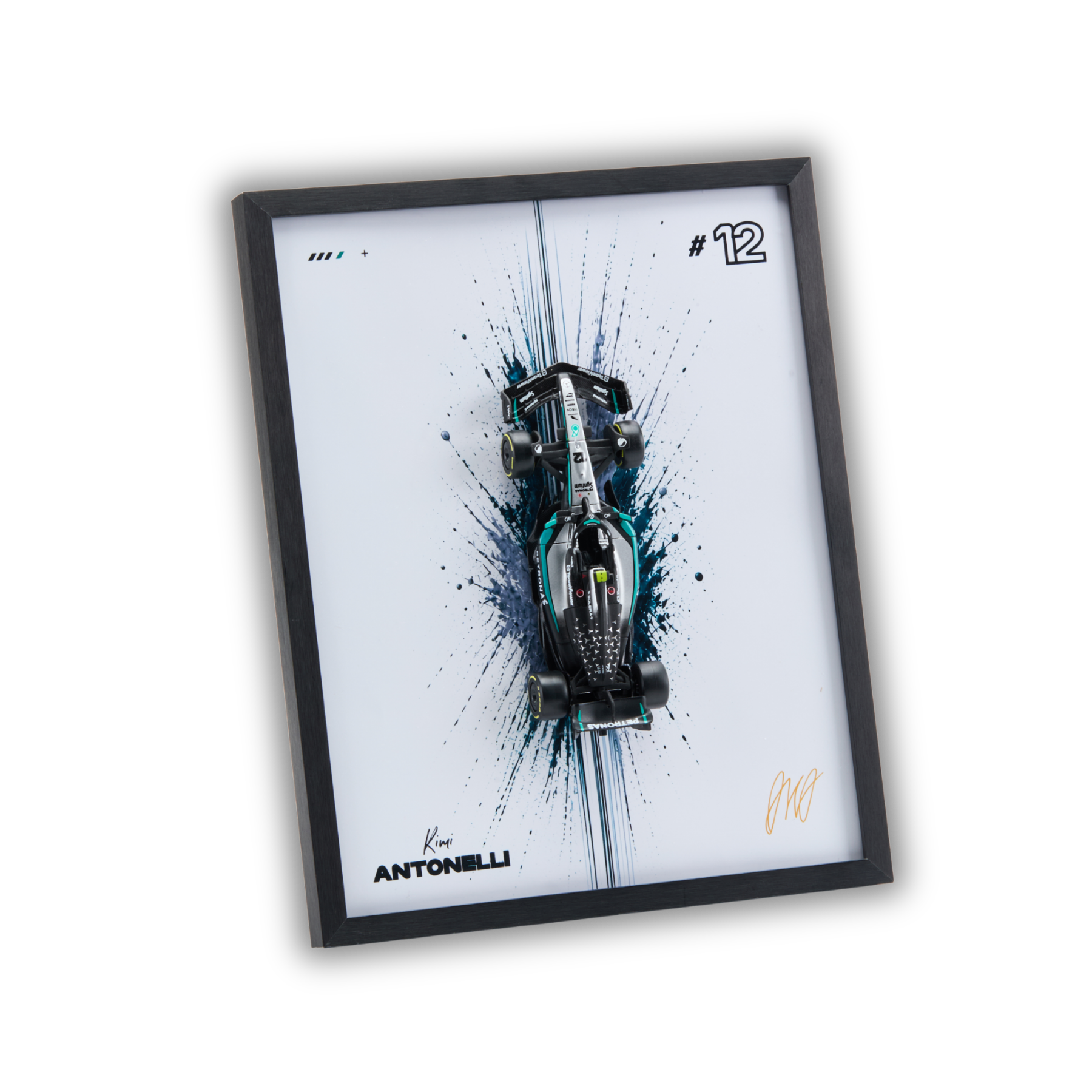 A framed art print featuring a black and teal Mercedes Formula 1 race car on a white background with blue paint splatters, a gold signature, and the text 'R. KARTANEN' and '#12'.