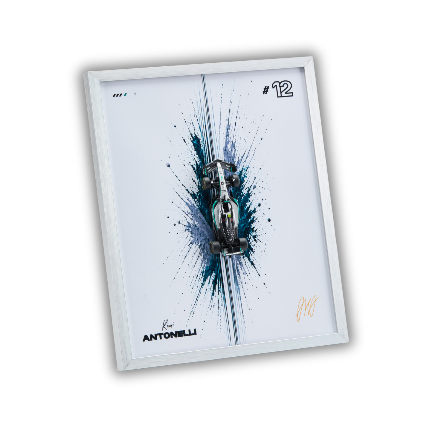 A framed art print featuring a Formula 1 race car on a white background with blue and black paint splatters, a silver frame, and the text 'Kimi ANTONELLI' along with the number 12.