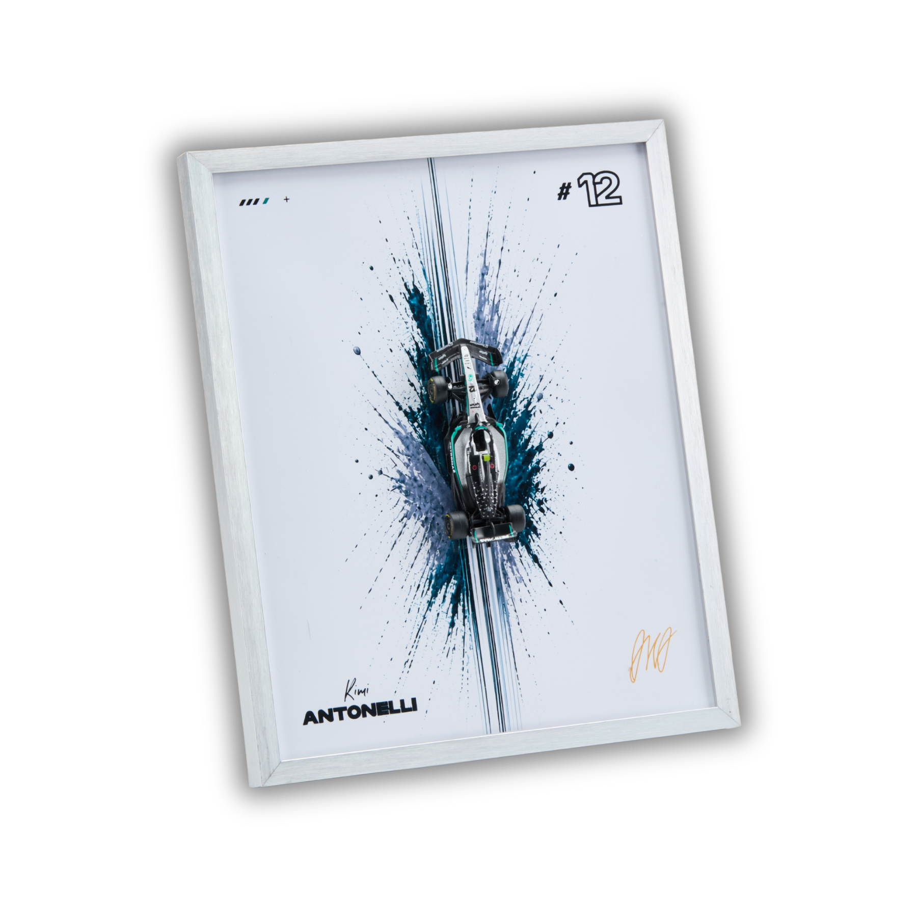 A framed art print featuring a Formula 1 race car on a white background with blue and black paint splatters, a silver frame, and the text 'Kimi ANTONELLI' along with the number 12.