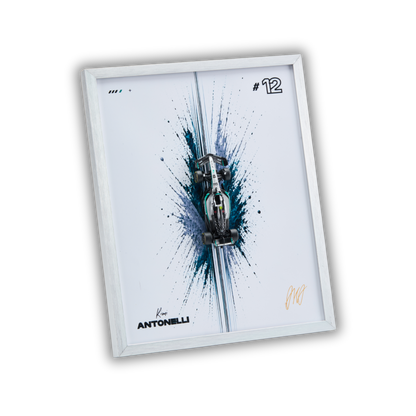 A framed art print featuring a Formula 1 race car on a white background with blue and black paint splatters, a silver frame, and the text 'Kimi ANTONELLI' along with the number 12.