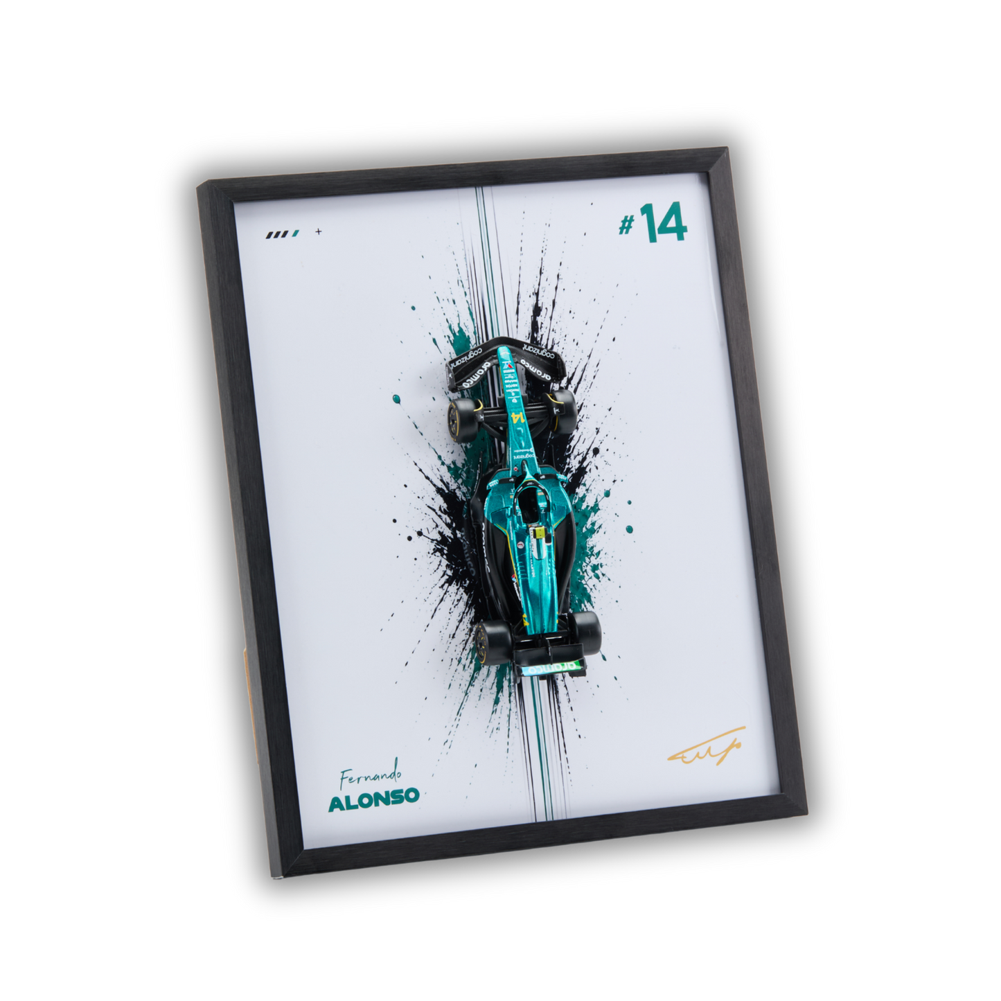 A framed art print featuring a stylized teal and black Mercedes Formula 1 car on a white background, with the number 14, 'Friend Alonso' text, and a signature. The print is housed in a black frame and shown at an angle on a plain white background.