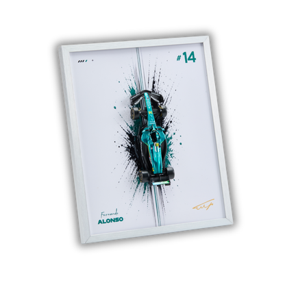 A framed wall art print featuring a stylized teal and black Formula 1 race car on a white background, with the number 14, the name Fernando Alonso, and a signature.