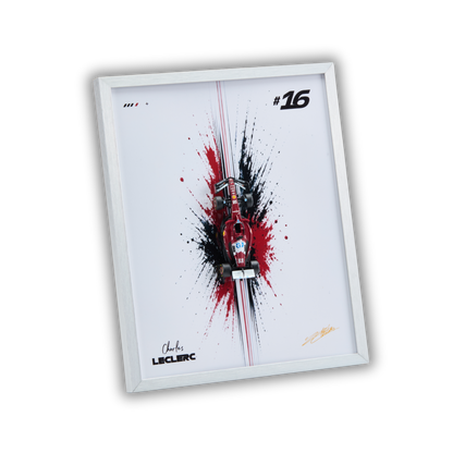 A framed art print featuring a stylized red and white Formula 1 car centered over a bold black and red paint splatter design on a white background. The print includes the number 16, the name Jack Leclerc, and a signature, all enclosed in a slim white frame.