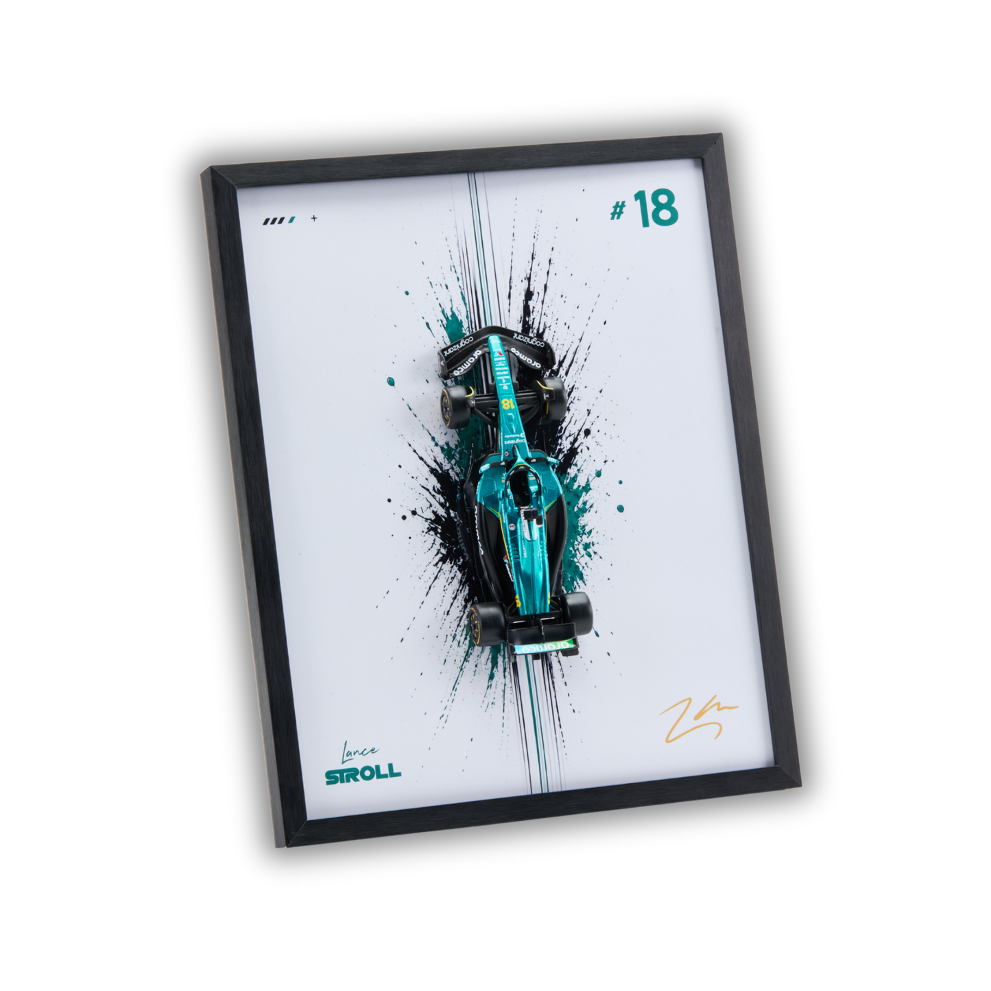 A framed art print featuring a Mercedes Formula 1 car in a stylized top-down illustration with teal, black, and white paint splatters, displayed on a clean white background.