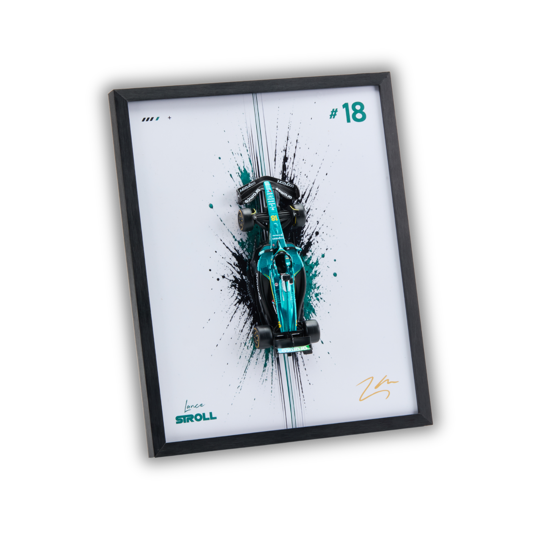 A framed art print featuring a Mercedes Formula 1 car in a stylized top-down illustration with teal, black, and white paint splatters, displayed on a clean white background.