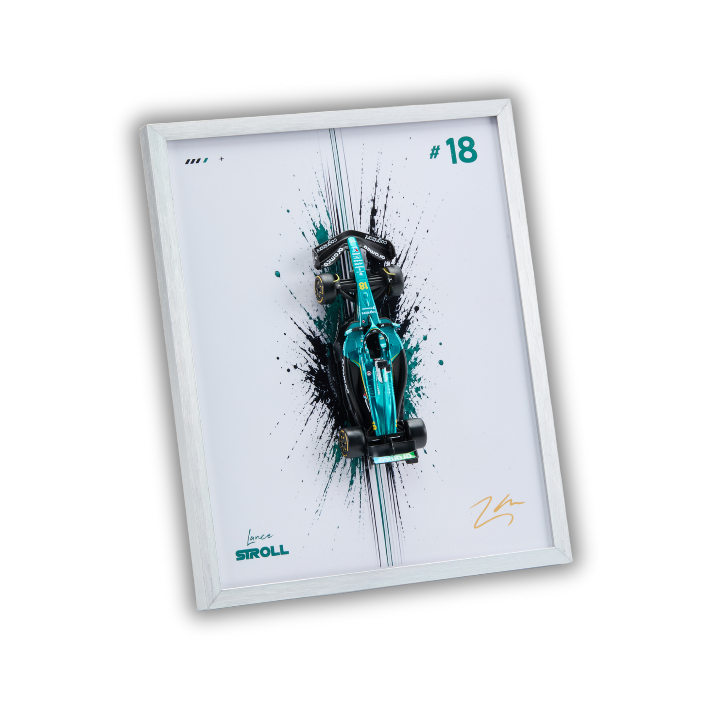 A framed wall art print featuring a teal and black Formula 1 race car with paint splatter effects, the number 18, and a signature, shown at an angle on a plain white background.