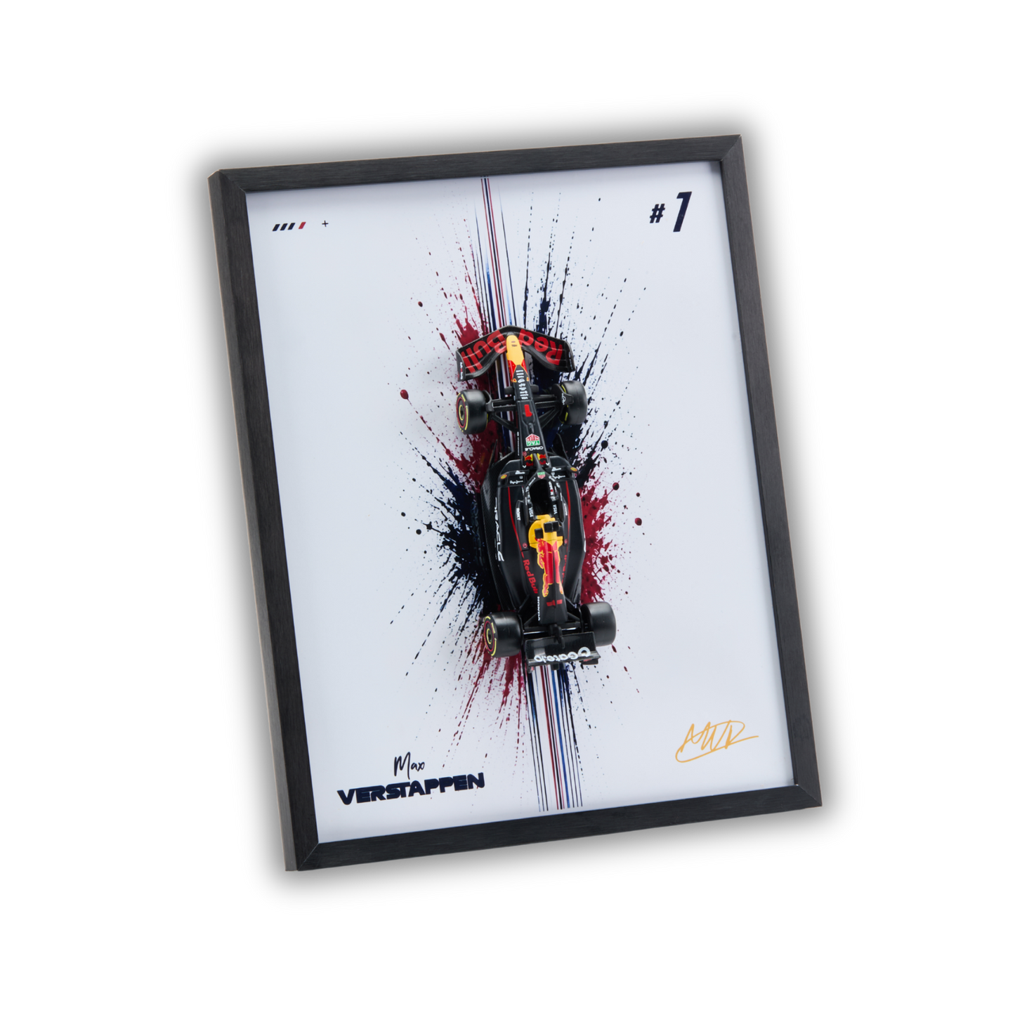 A framed art print featuring a Red Bull Racing Formula 1 car with a red and yellow number 1 livery, set against a white background with paint splatters. The print is signed by Max Verstappen and includes the text 'MMS VERSTAPPEN' and '# 1'.