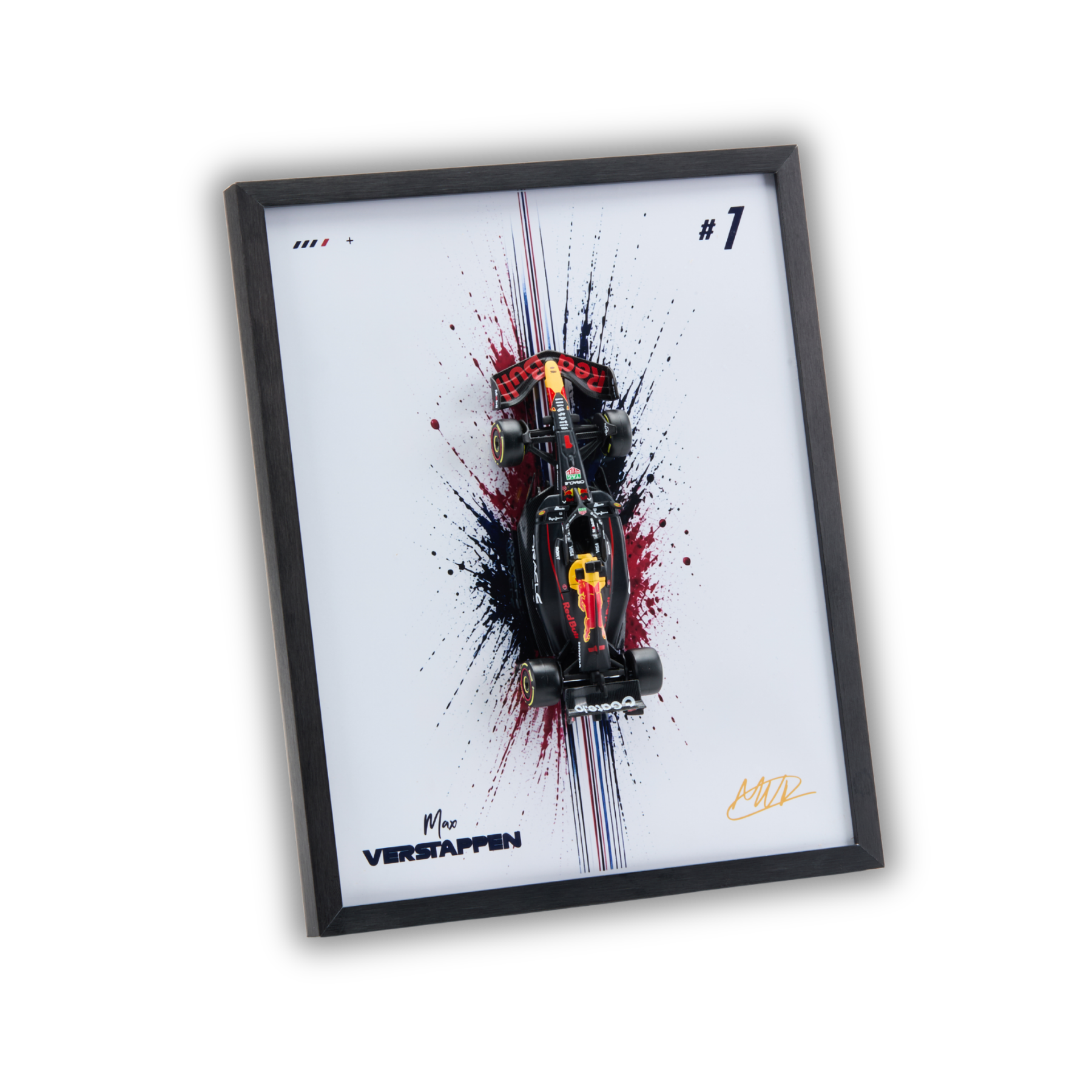 A framed art print featuring a Red Bull Racing Formula 1 car with a red and yellow number 1 livery, set against a white background with paint splatters. The print is signed by Max Verstappen and includes the text 'MMS VERSTAPPEN' and '# 1'.
