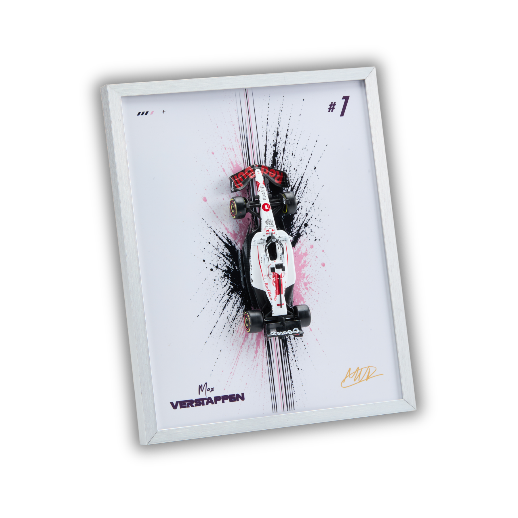 A framed wall art print featuring a white, red, and black Formula 1 car on a white background with black paint splatters and pink accents. The print includes the text 'Mico VERSTAPPEN', '#1', and a gold signature, all enclosed in a white frame.