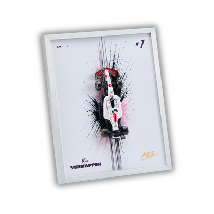 A framed wall art print featuring a white, red, and black Formula 1 car on a white background with black paint splatters and pink accents. The print includes the text 'Mico VERSTAPPEN', '#1', and a gold signature, all enclosed in a white frame.