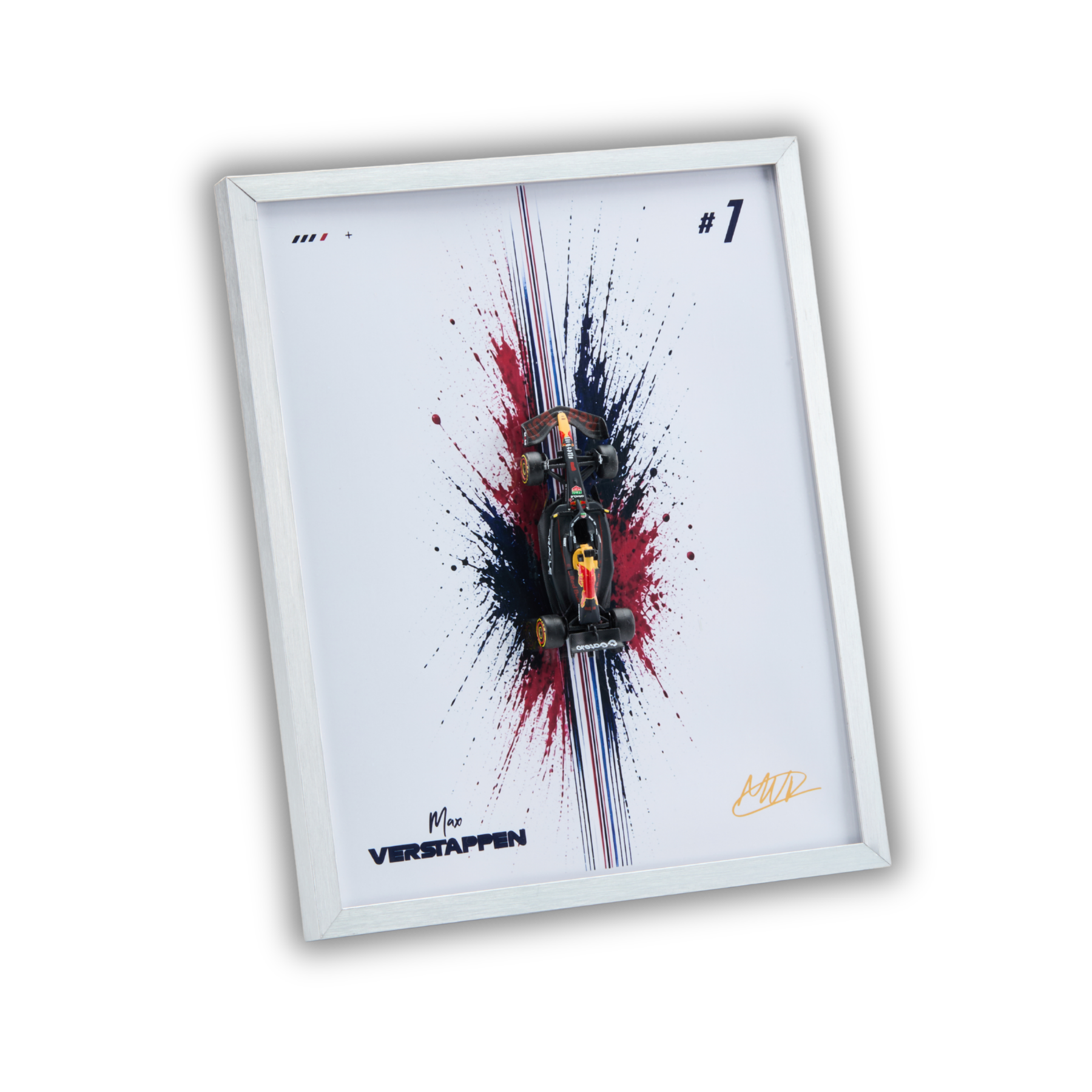 A framed art print featuring a Red Bull Racing car with a dramatic red, white, and black paint splatter design, presented in a white frame on a white background.