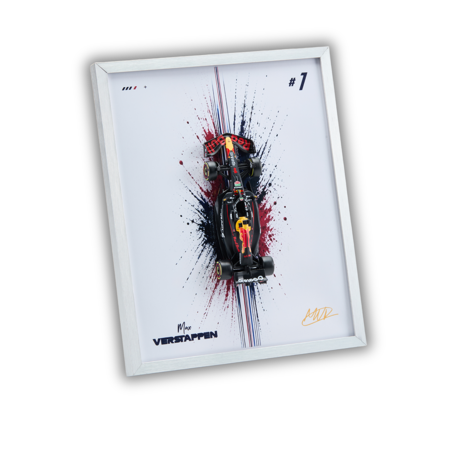 A framed art print featuring a Red Bull Racing Formula 1 car on a white background with red, black, and blue paint splatters, signed by Max Verstappen and presented in a white frame.