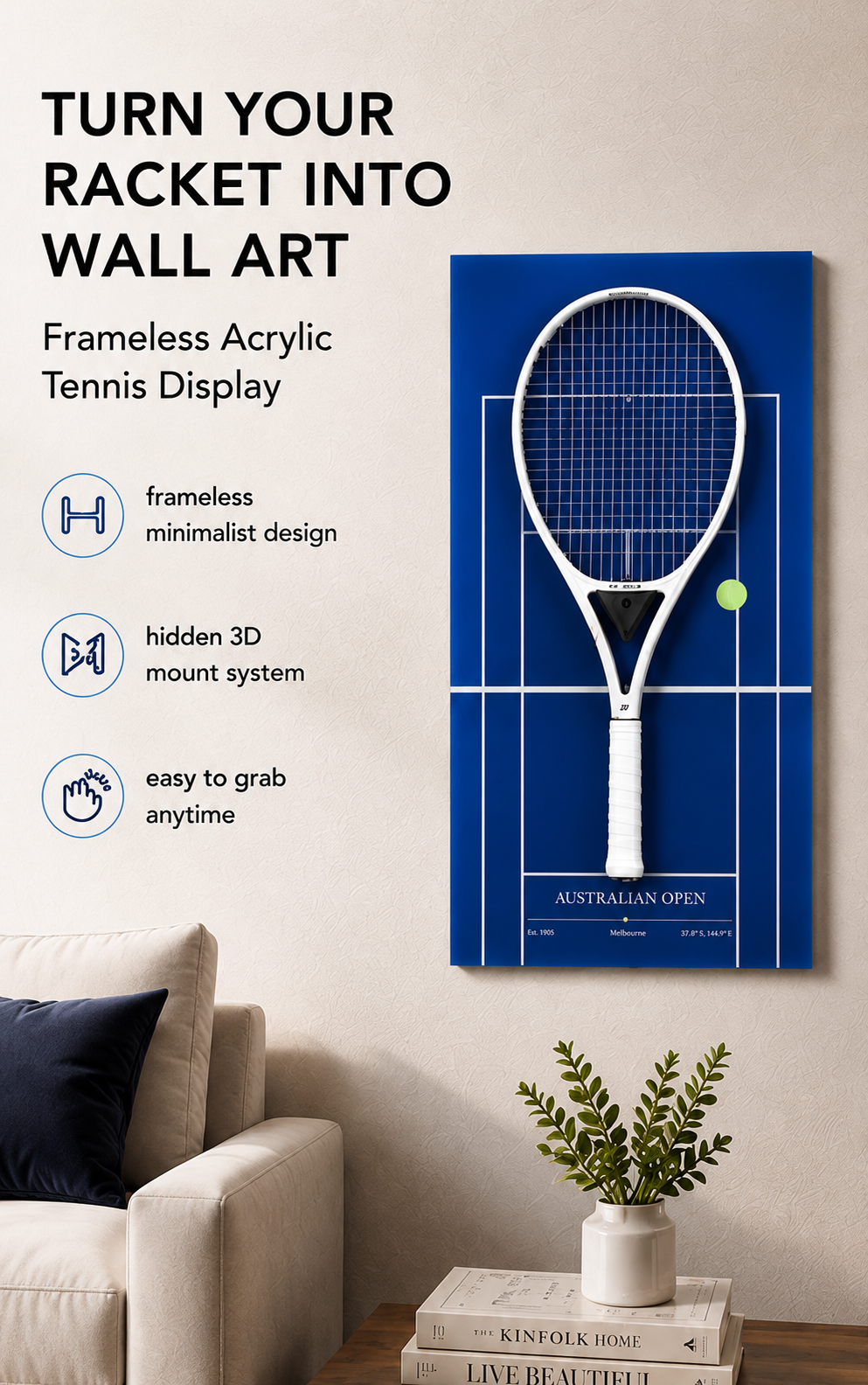 FantasMall Frameless Tennis Racket Display Board/ Wall Mount Tennis Frame