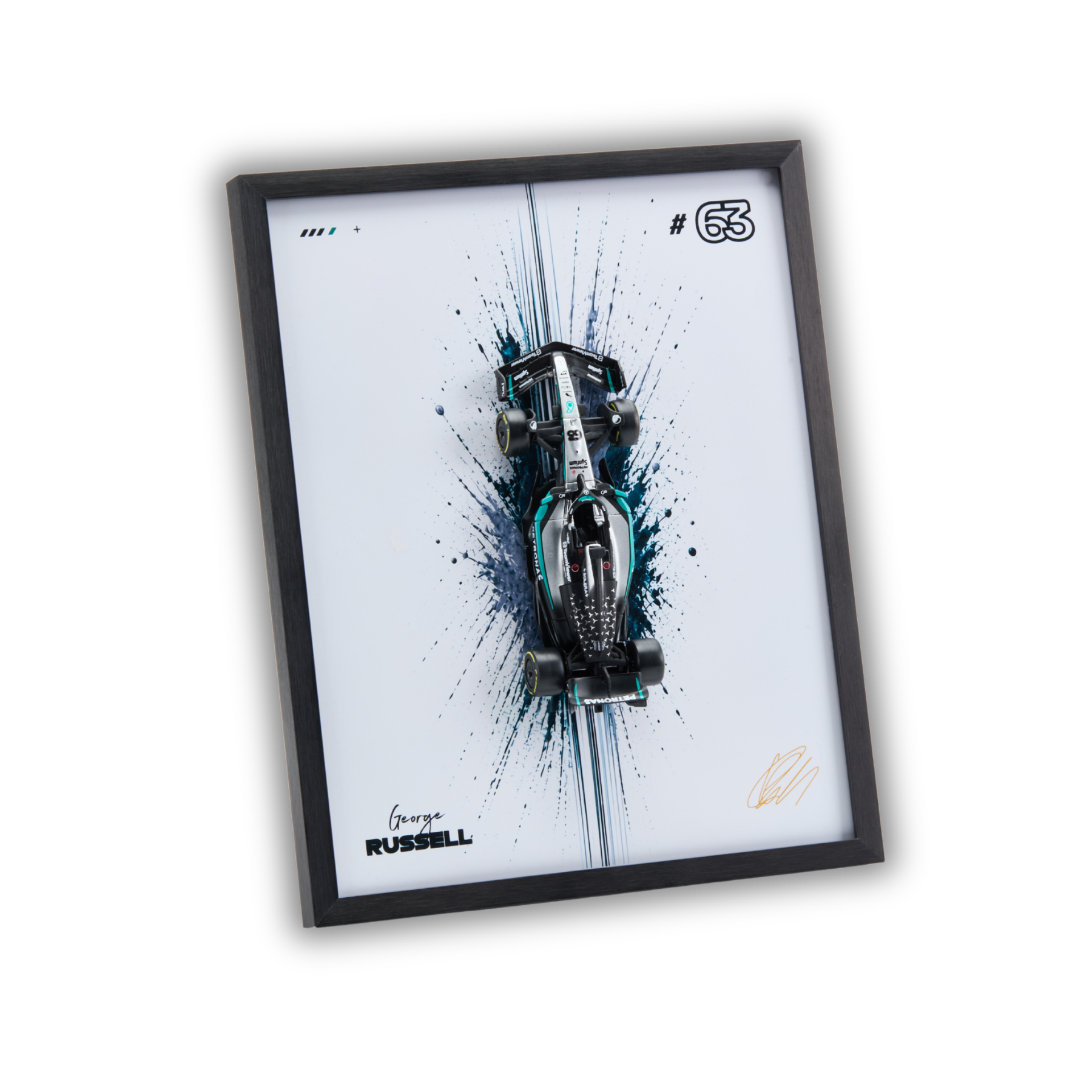A framed wall art print featuring a stylized Mercedes-AMG F1 race car on a white background with blue paint splatter effects, the number 53, and George Russell branding, shown in a black frame against a light gray background.