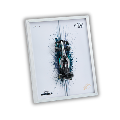 A framed wall art print featuring a stylized Mercedes-AMG F1 race car over a white background with blue paint splatter effects. The print includes the number 53, George Russell branding, and a gold signature, all enclosed in a white frame.